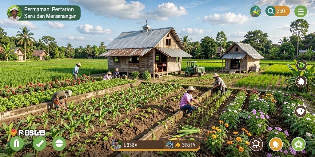 Tampilan gameplay 333V dengan kebun yang indah dan hewan ternak.