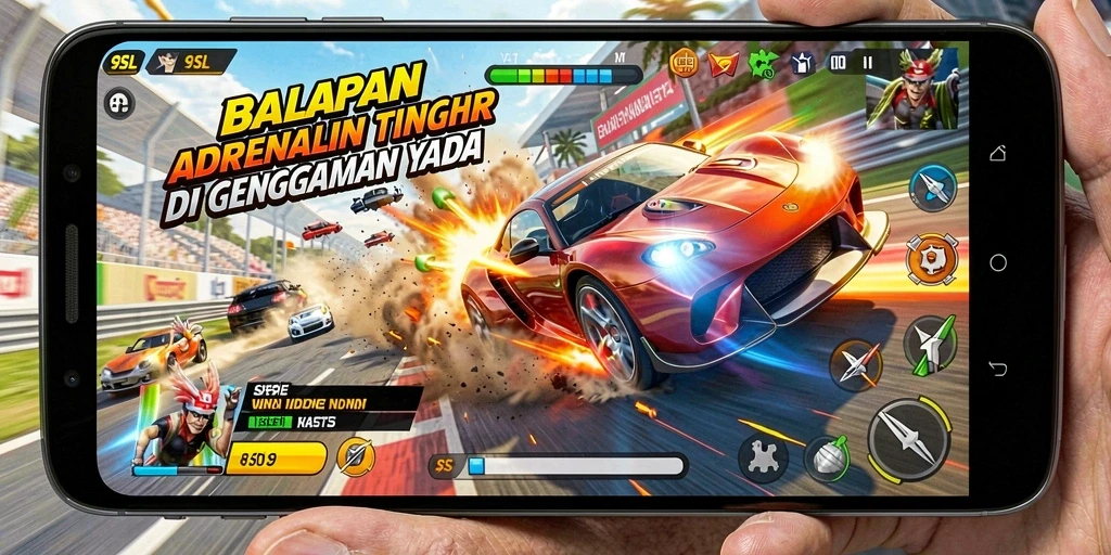 Gameplay menegangkan dengan mobil balap kencang.