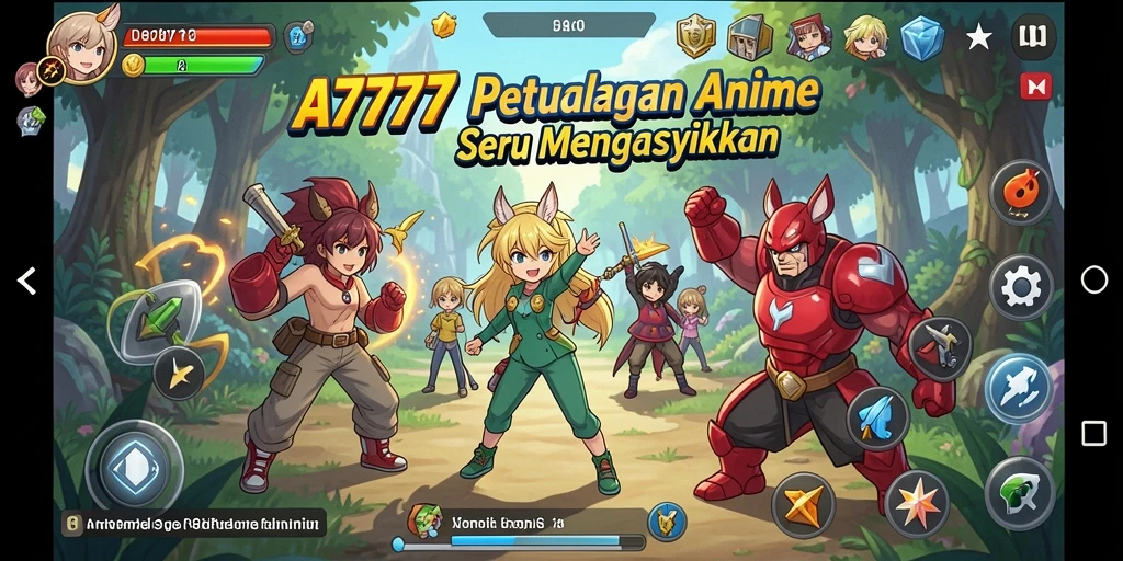 Screenshot dari gameplay A7777 menampilkan aksi karakter anime dalam pertempuran.