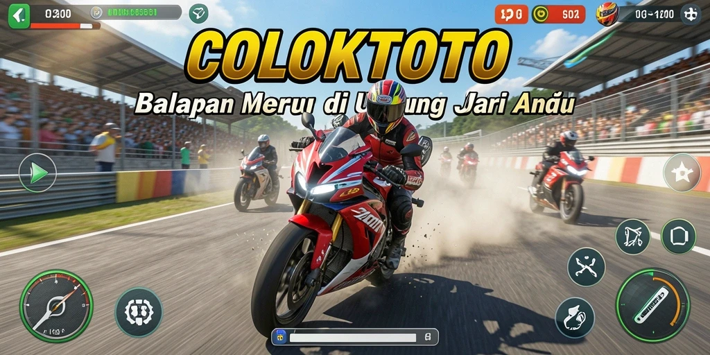 Screenshot gameplay <strong>COLOKTOTO</strong> menunjukkan aksi balapan motor yang mendebarkan.