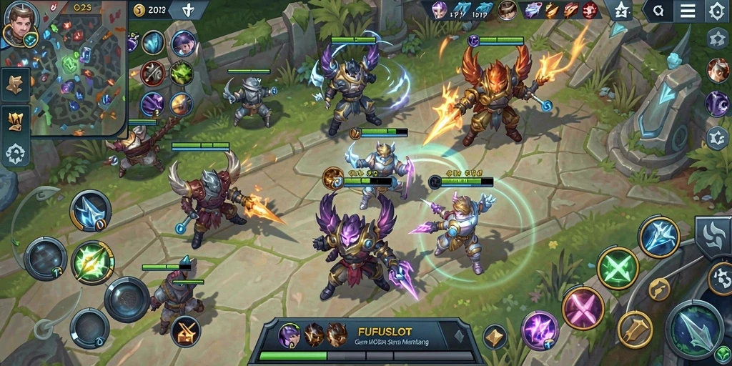 Gameplay FUFUSLOT dengan karakter dan pertempuran epik.