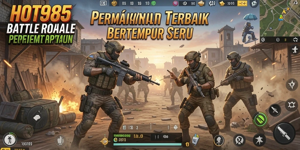 Screenshot HOT985 menampilkan intense gameplay Battle Royale dengan banyak pemain bertempur.