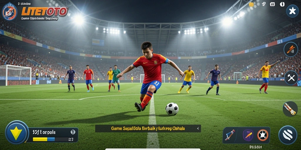 Screenshot gameplay LITETOTO menunjukkan aksi seru di lapangan sepak bola.