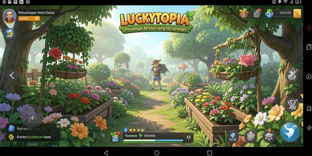Tangkapan layar utama LUCKYTOPIA menampilkan kebun yang rimbun dan penuh warna.