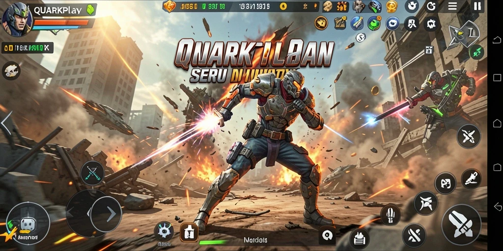 Tangkapan layar gameplay QUARKPLAY menampilkan aksi pertempuran yang mendebarkan.