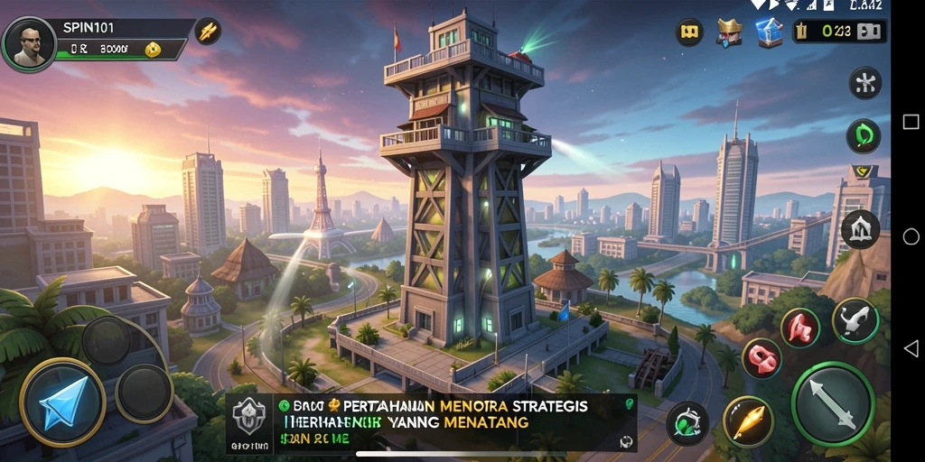 Tampilan gameplay SPIN101 yang menegangkan dan strategis dalam pertahanan menara.