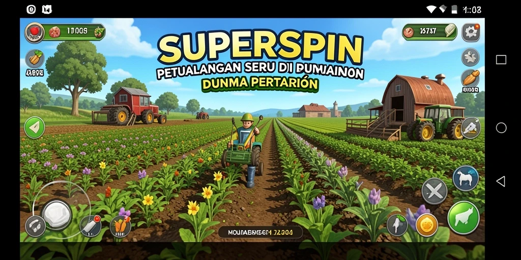 Tangkapan layar gameplay <strong>SUPERSPIN</strong> menampilkan aktivitas pertanian yang seru.