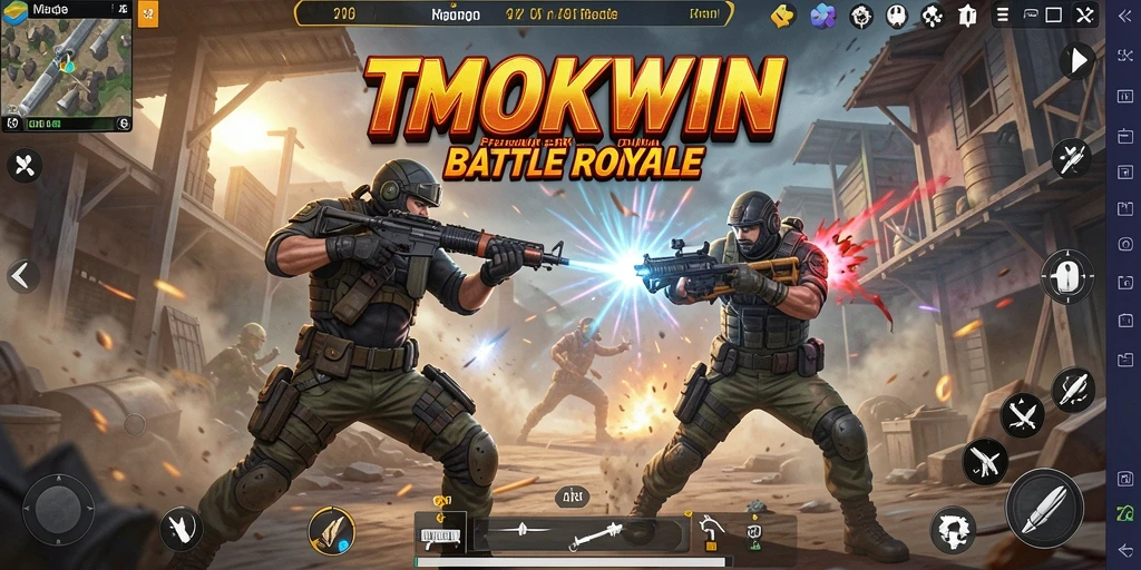 Screenshot gameplay TMOKWIN yang menunjukkan aksi intens di arena Battle Royale.