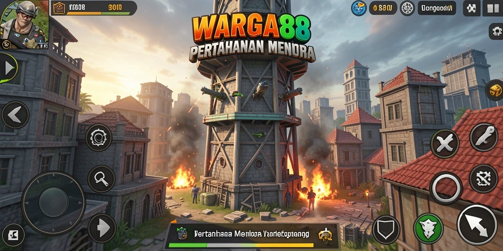 Tampilan gameplay seru di WARGA88 dengan menara bertahan dalam aksi.