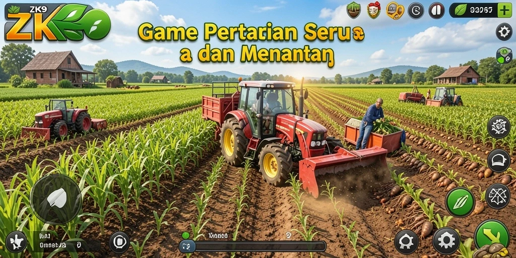 Screenshot ZK9 menampilkan petani yang sibuk di ladang penuh tanaman.